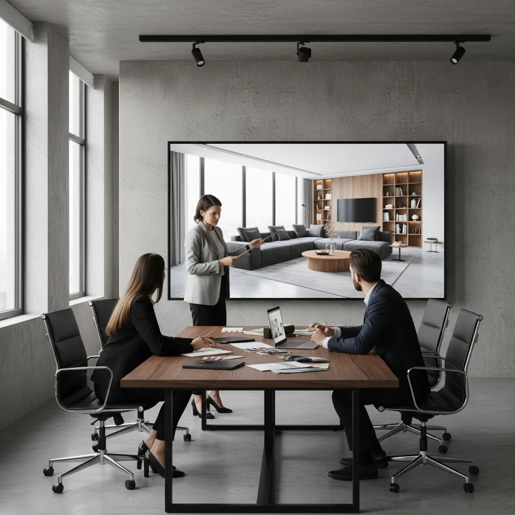 Diseñador mostrando render 3D de un interior a un cliente en una reunión