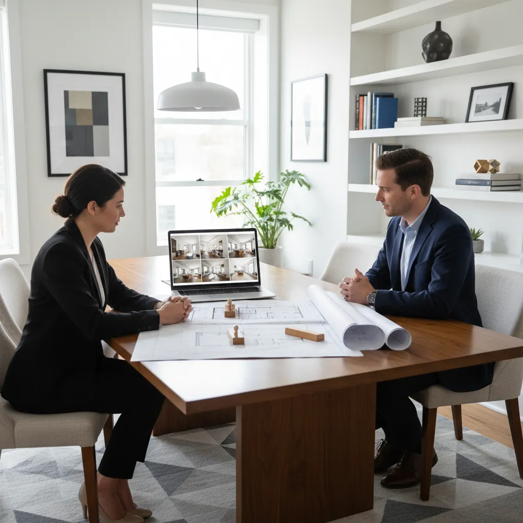 Diseñador presentando un proyecto de interiorismo a un cliente con planos y renders