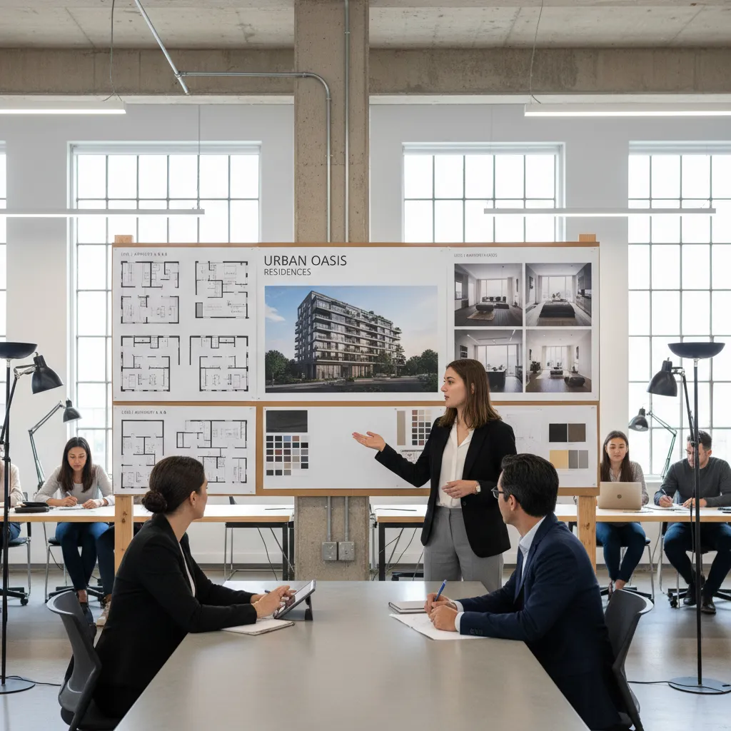 Estudiante presentando un proyecto final de interiorismo con paneles y renders