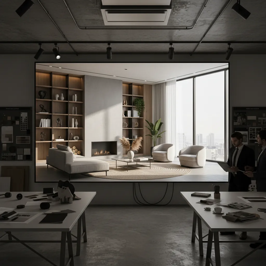 Render 3D de sala moderna presentado en pantalla