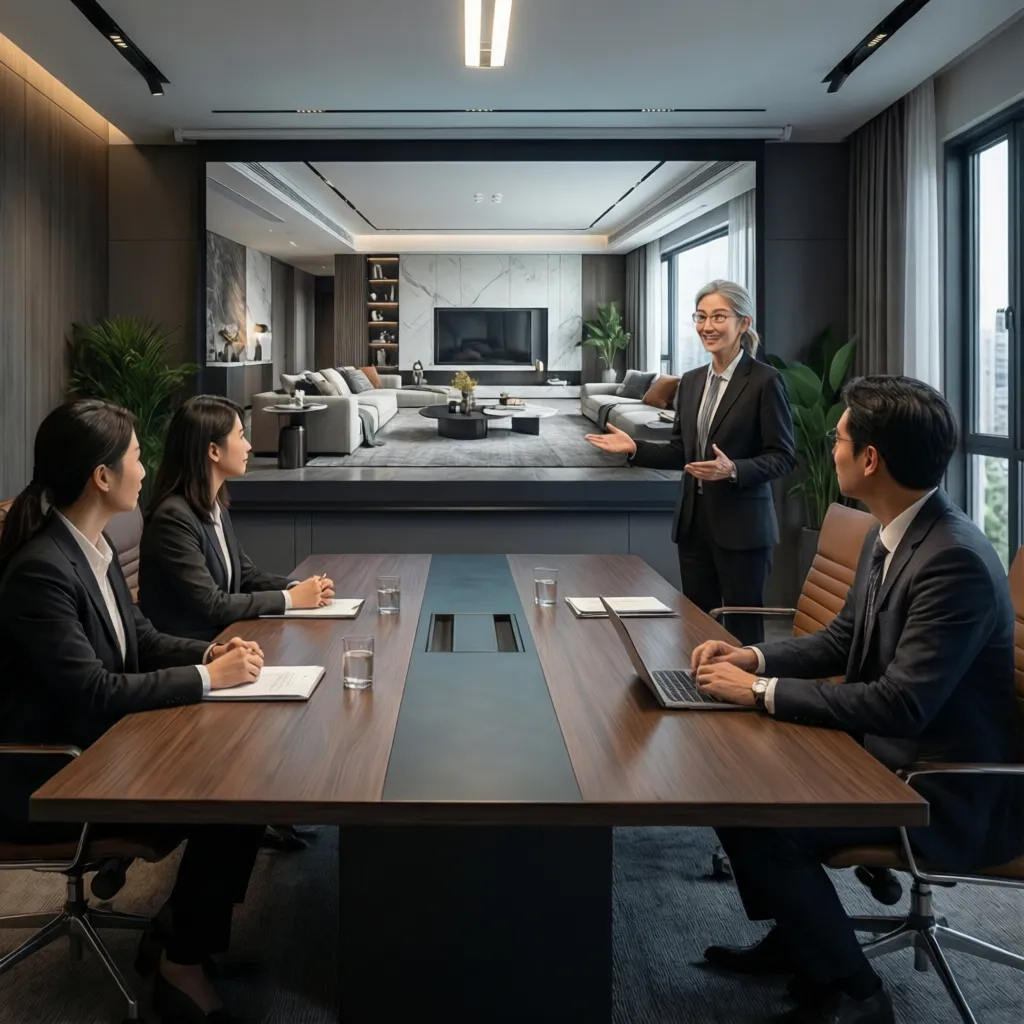 Presentación de render 3D de interior a un cliente en una reunión de diseño