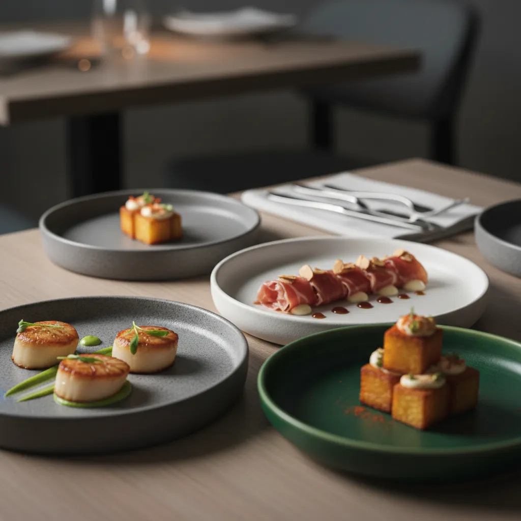 Presentación elegante de tapas minimalistas en platos pequeños