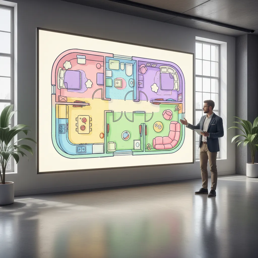 Denah rumah kartun digunakan untuk presentasi konsep rumah