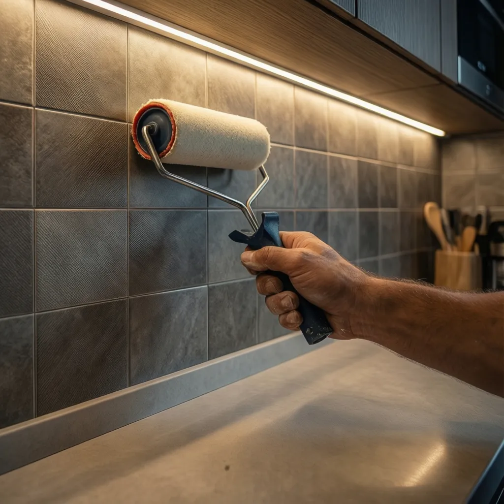 roller tool pressing peel and stick backsplash tiles onto wall