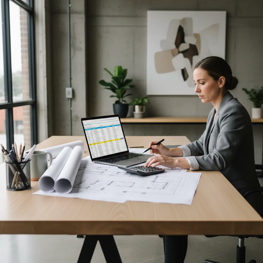 Diseñador calculando presupuesto de proyecto de interiorismo en ordenador