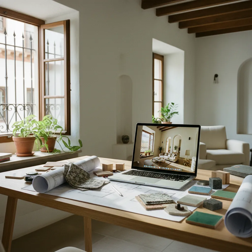Interior design workspace with laptop showing room drawing plus paper floor plans and material samples