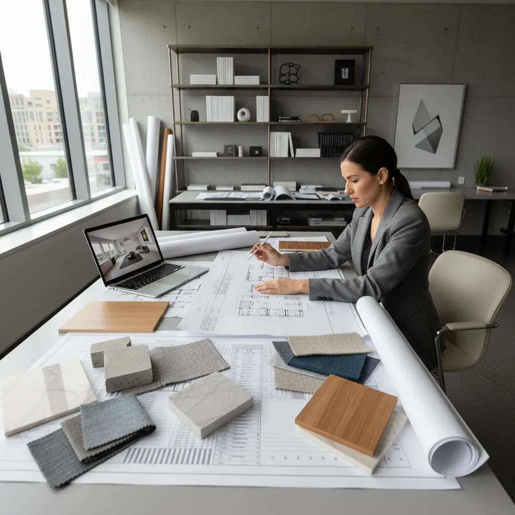 Female designer working on room layout plans with material samples and laptop in modern office
