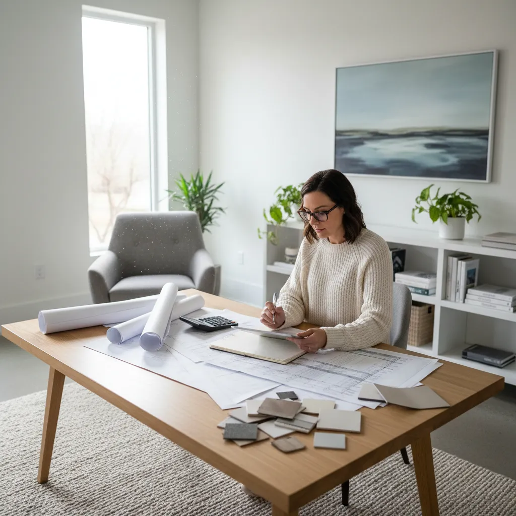 Persona revisando presupuesto de proyecto de interiorismo en mesa de trabajo