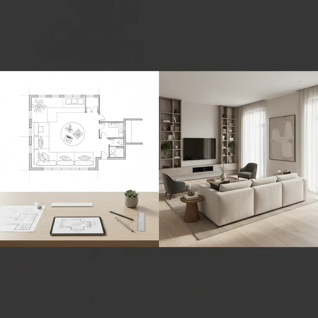 Plano y visualización 3D de un salón usado para calcular un presupuesto de interiorismo