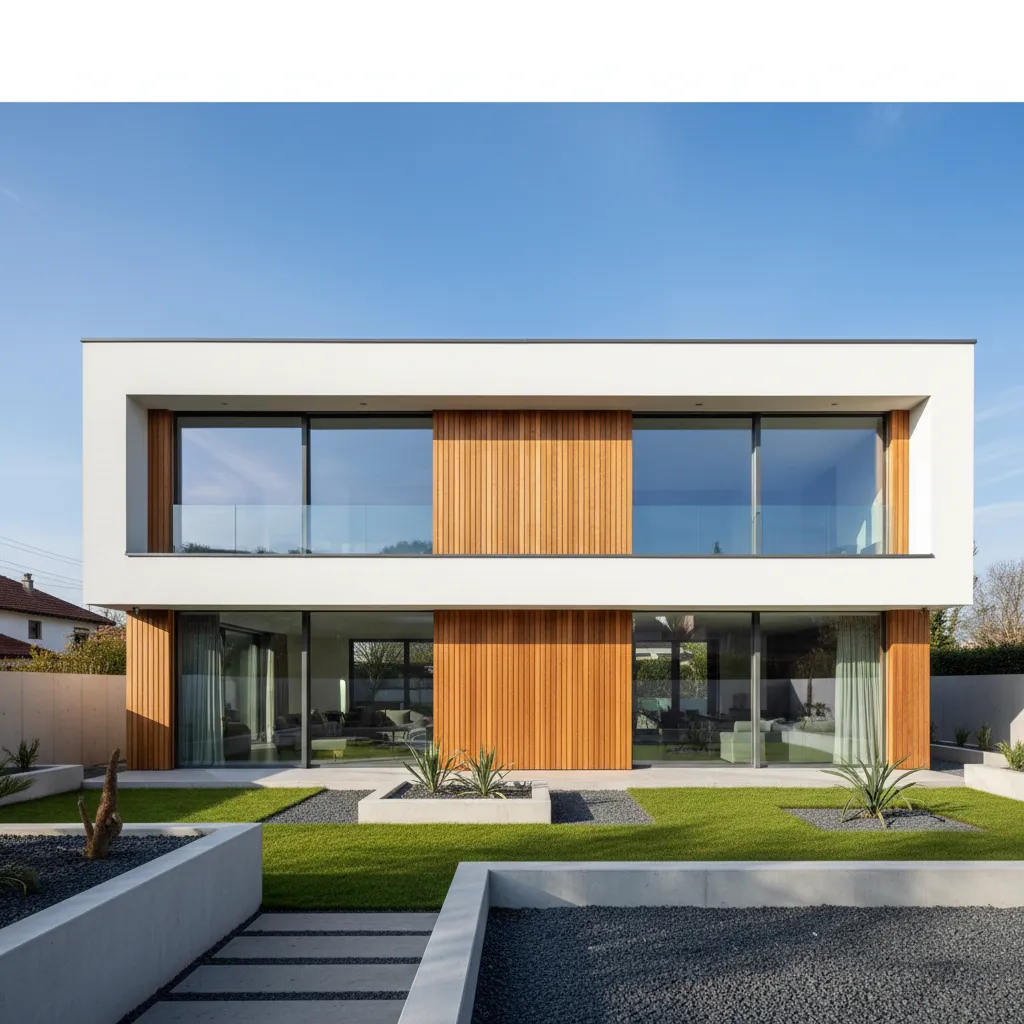 Modern house with white walls and wood panels plus large windows and green grass garden