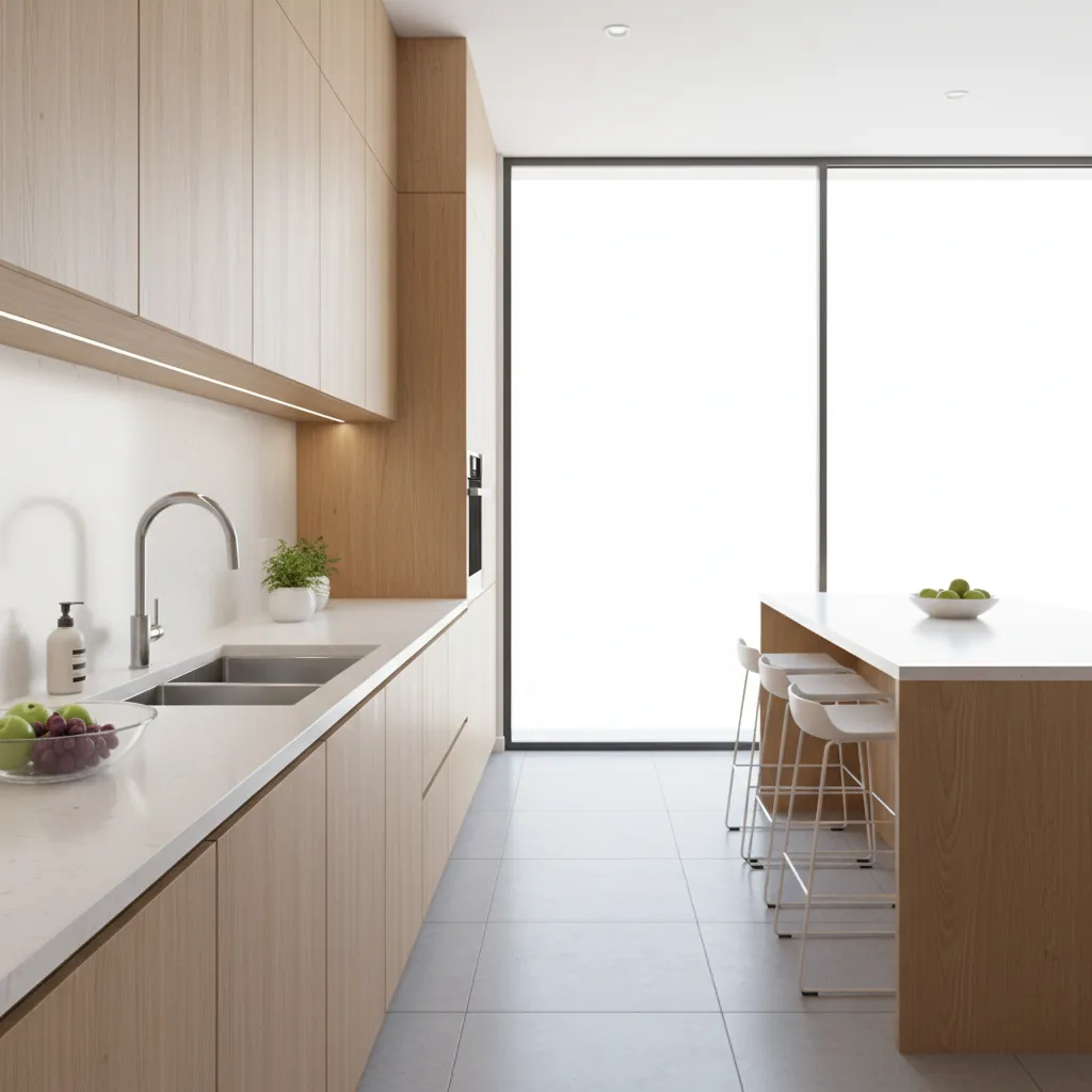Modern kitchen with light wood cabinets white stone countertops double sink and high bar stools