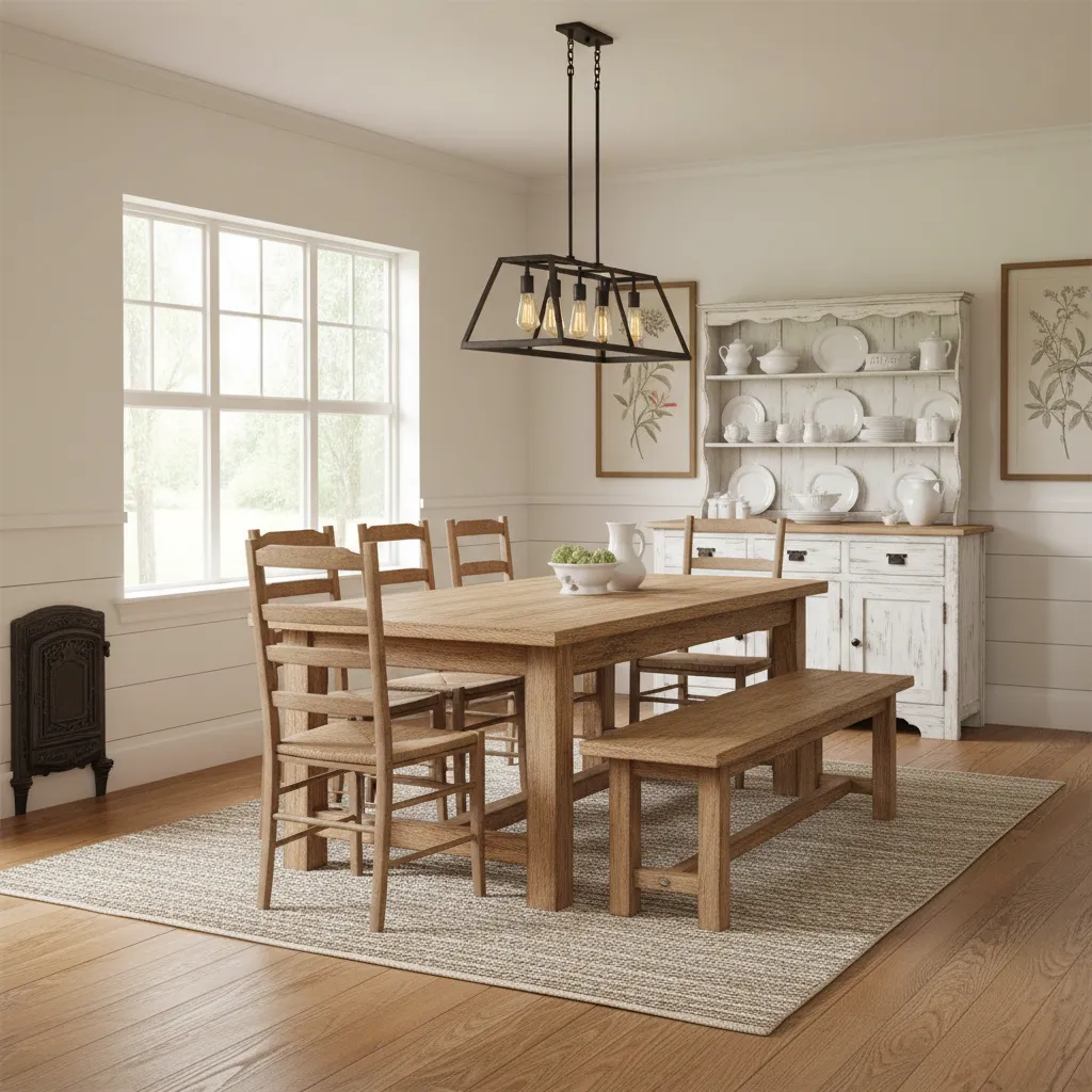 Bright dining room featuring a light wood table with matching chairs and a wooden cabinet