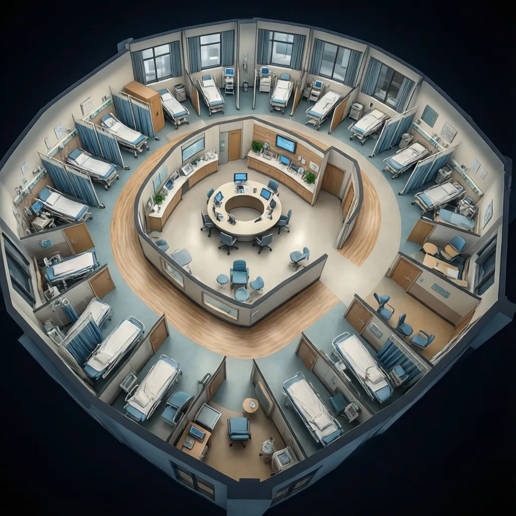primary care clinic floor plan with exam rooms around central nurse station