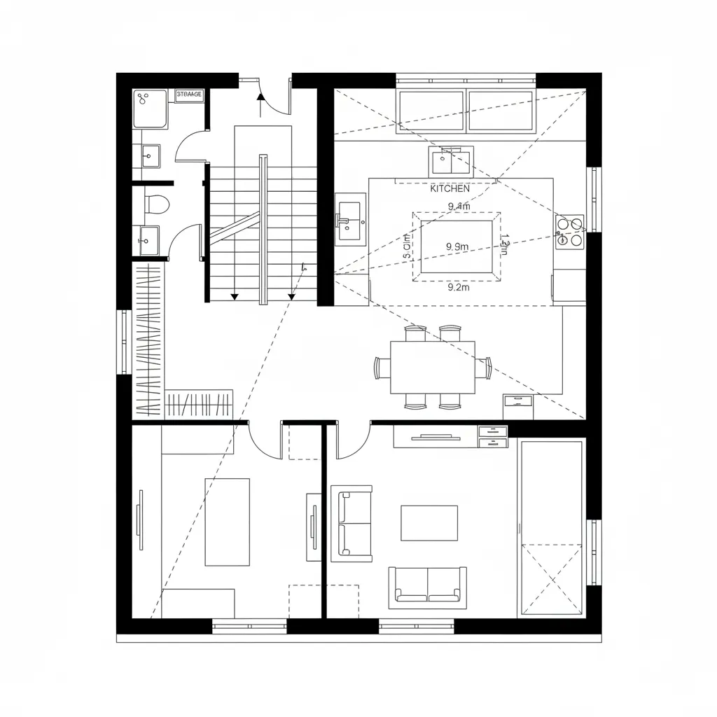 Detailed 2D floor plan showing large kitchen island dining area living room stairs and bedroom