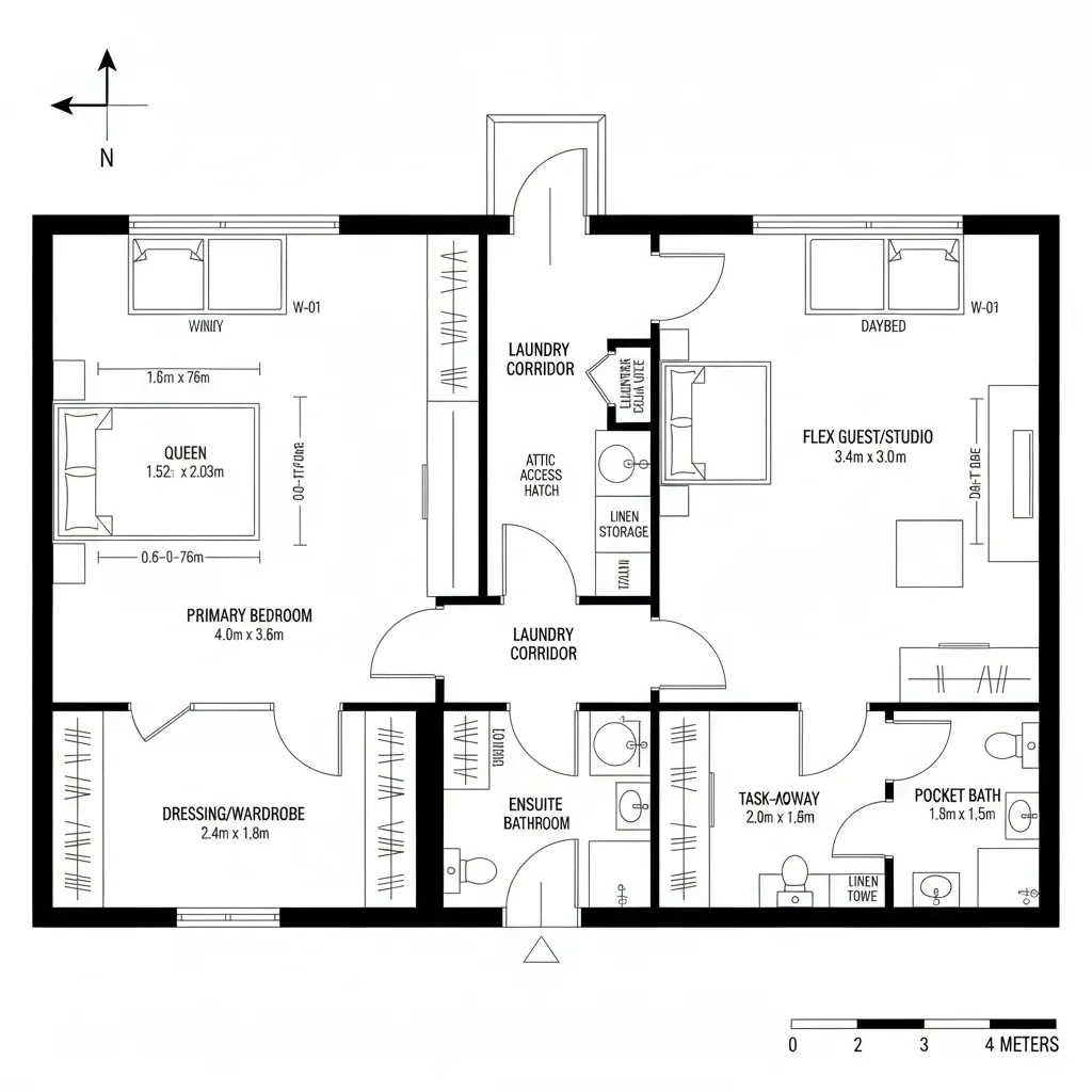 2D floor plan of primary suite with dressing, bath, laundry and flex guest studio