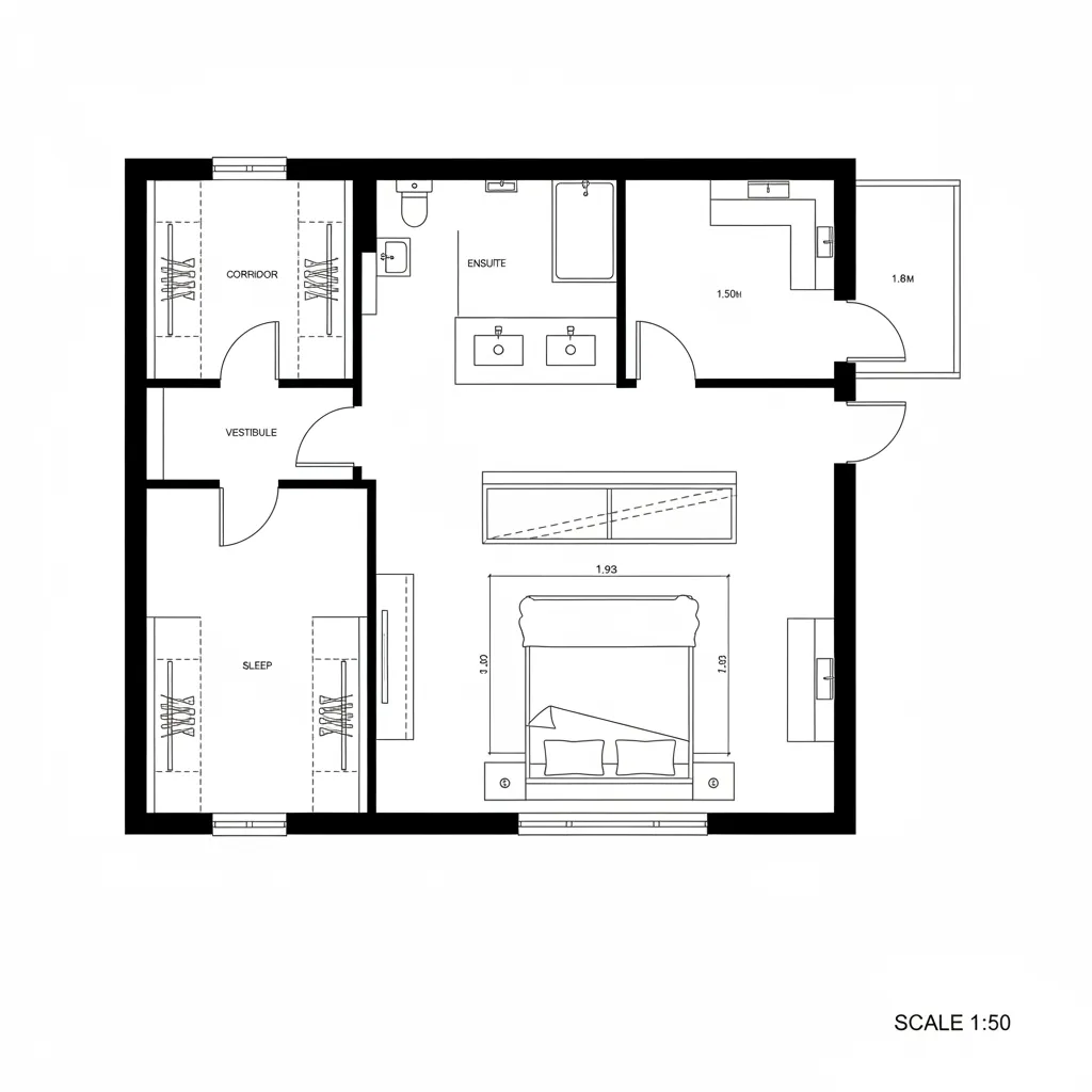 Top-down CAD plan of a primary suite with vestibule, ensuite, and balcony stub