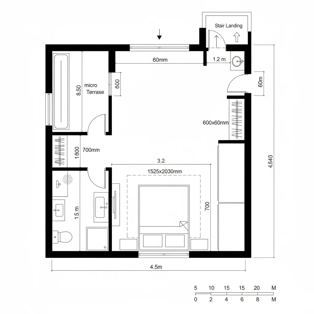 Top-down CAD plan of primary suite with pocket bath and terrace