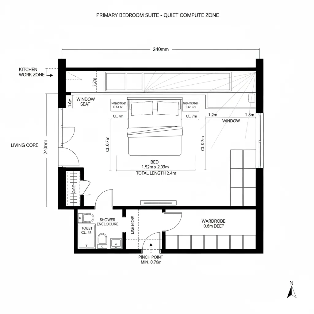 Top-down CAD plan of primary bedroom with queen bed, wardrobes, window seat, and ensuite