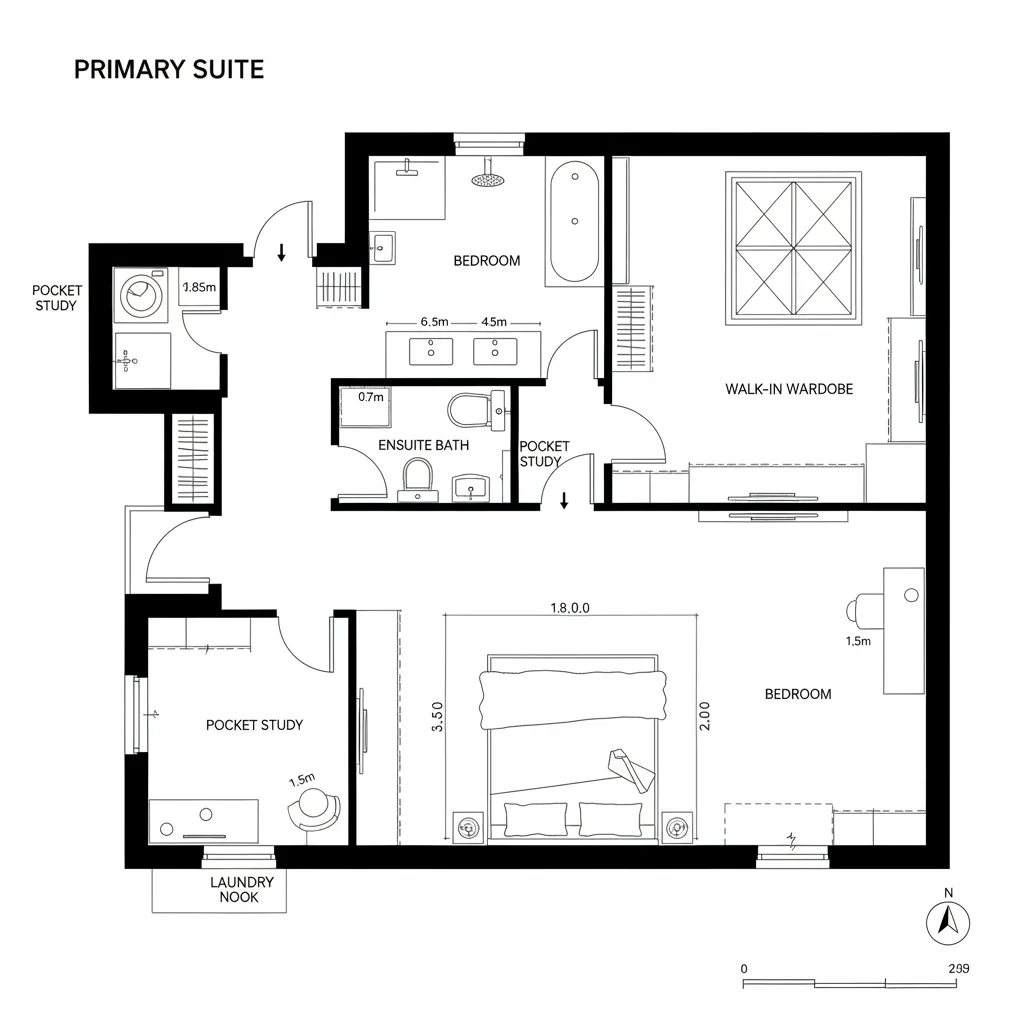 Detailed master suite floor plan including primary bedroom ensuite bathroom walk-in closet and small study area