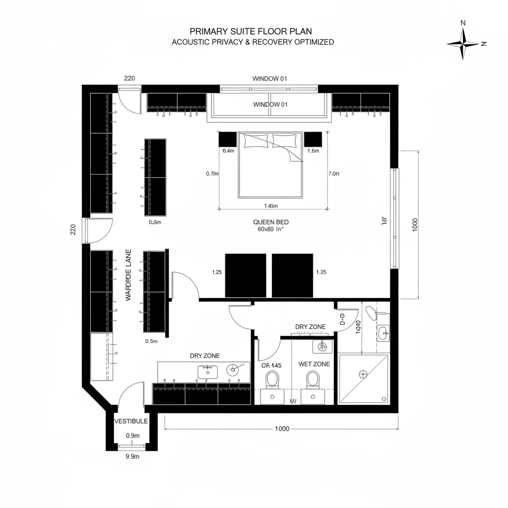 CAD plan of a primary suite with vestibule, wardrobe lane, centered queen bed, and wet-dry ensuite loop