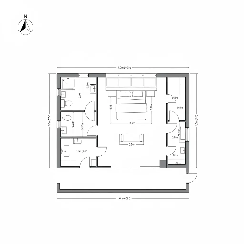 2D plan of a primary suite with vestibule, king bed clearances, dual closets, and wet-dry separated bath