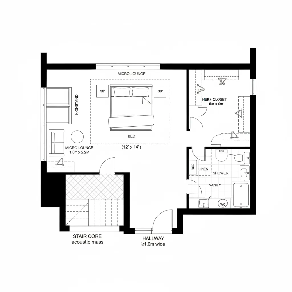 Detailed bedroom floor plan with a large bed closet bathroom shower vanity and small seating
