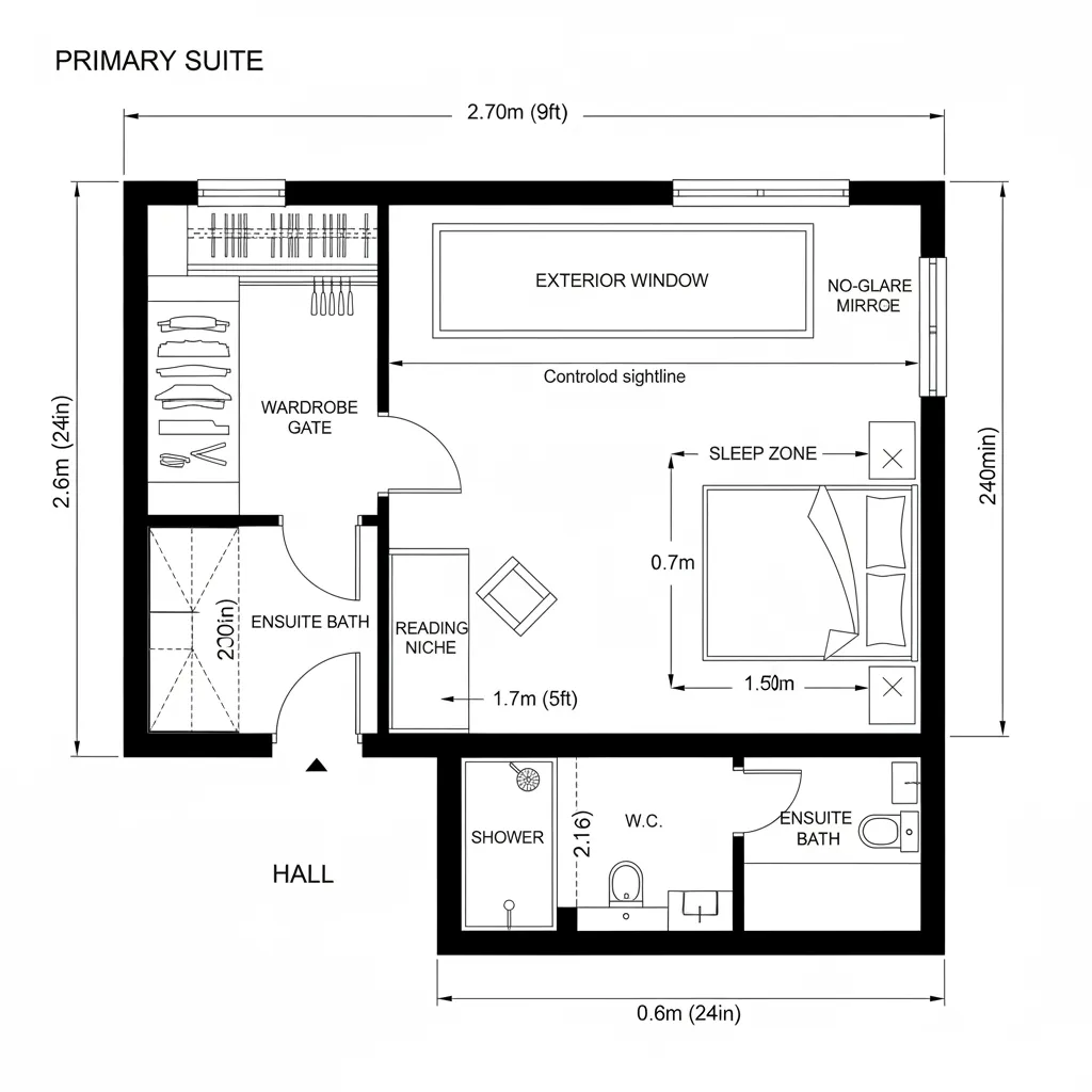 Top-down 2D CAD plan of primary bedroom with ensuite and reading niche