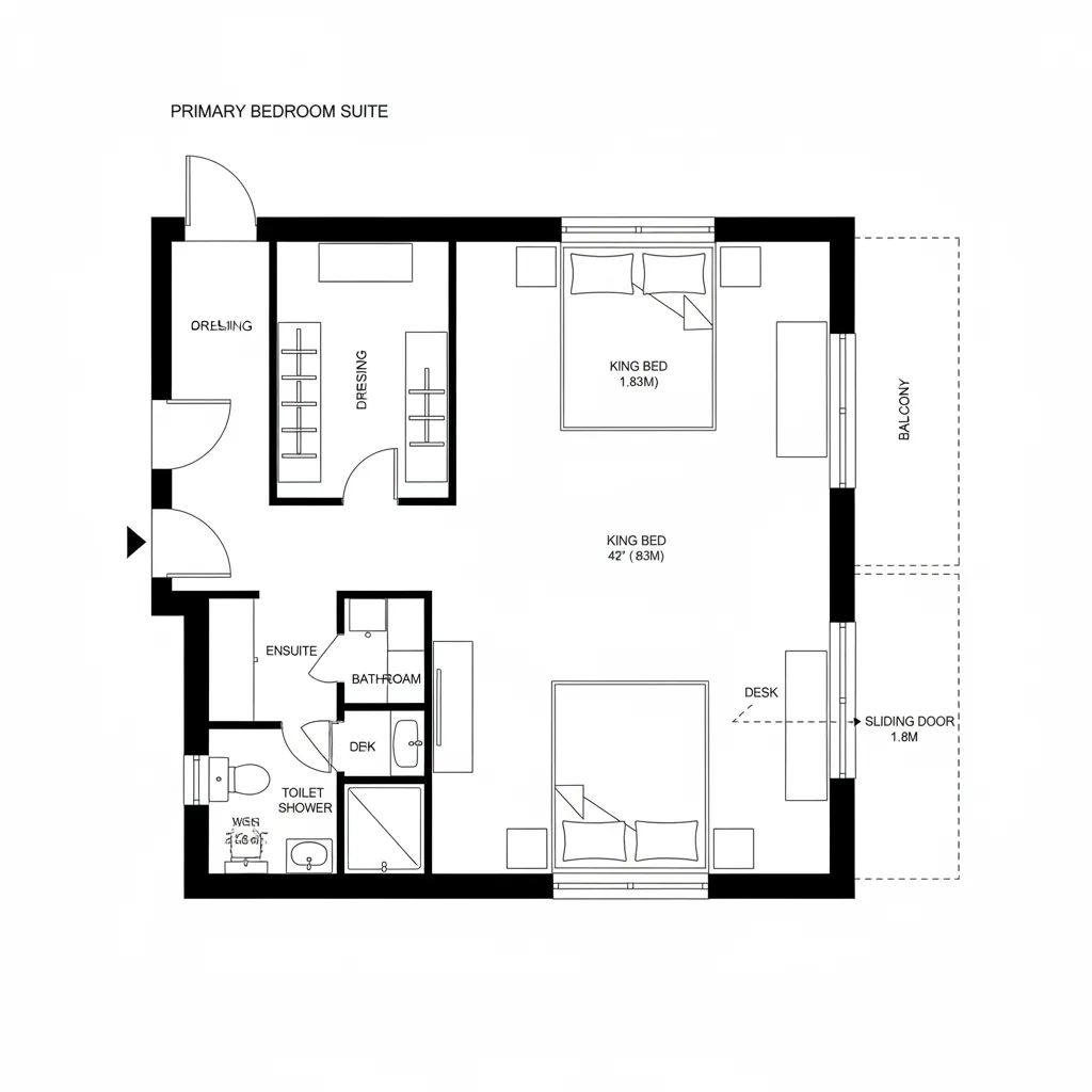 Interior design drawing of a primary bedroom suite with two king beds bathroom and balcony