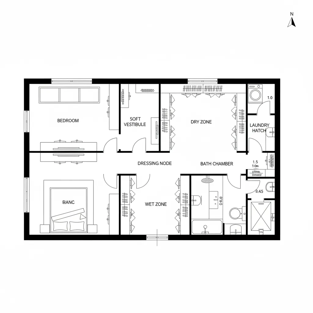 Interior design drawing showing a master bedroom suite layout with bathroom and walk in closet