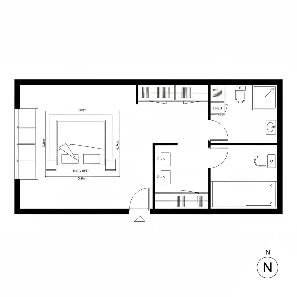 Master suite floor plan showing bedroom with king bed bathroom with double sinks and large closet