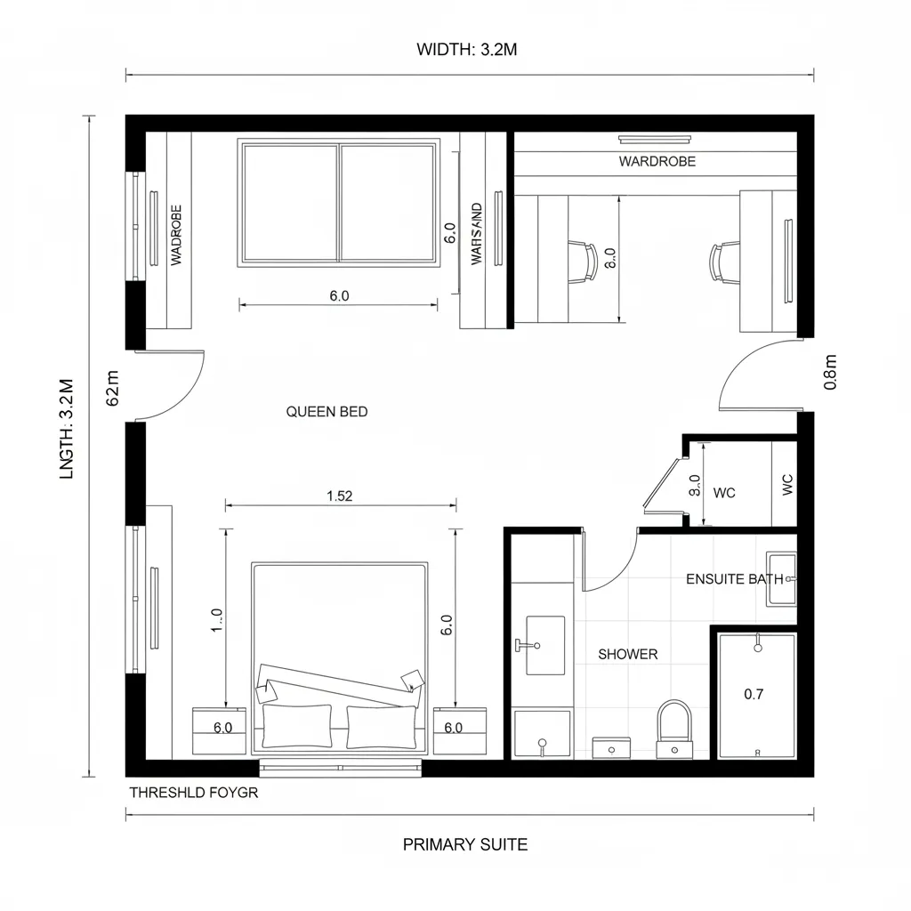 Top-down CAD plan of a primary suite with bed axis, desk niche, and ensuite wet-dry separation