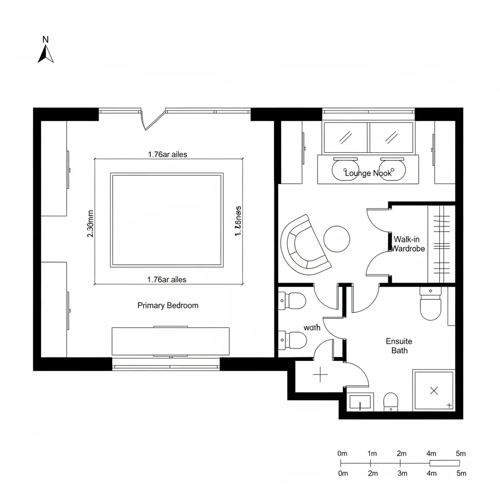 Detailed 2D floor plan showing a primary bedroom with bathroom and a walk-in storage closet