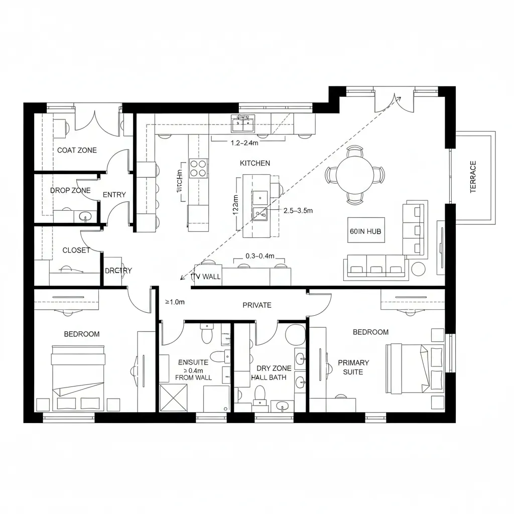 Floor plan showing primary suite split from social core