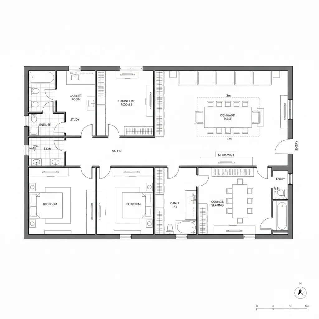 Floor plan drawing of a large apartment featuring multiple bedrooms study room and spacious dining area