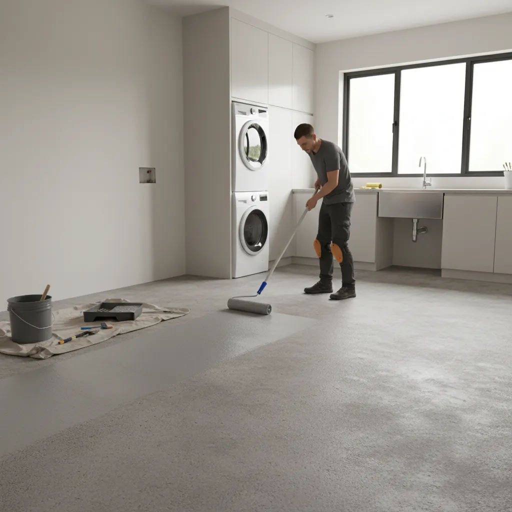 Applying primer coating to concrete laundry room floor