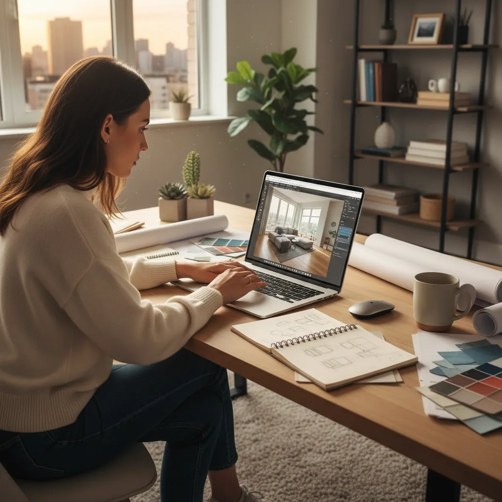 persona creando primer proyecto de interiorismo en computadora