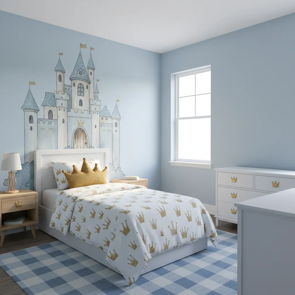 small prince bedroom with single castle mural feature wall