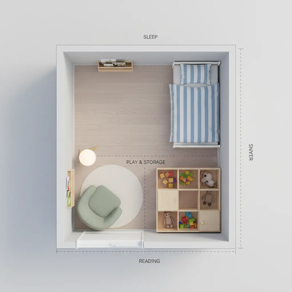 Top view layout plan of a small prince themed bedroom showing bed storage and play zone
