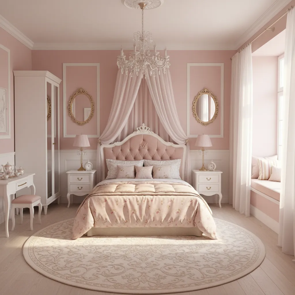 Princess bedroom with centered canopy bed and symmetrical layout