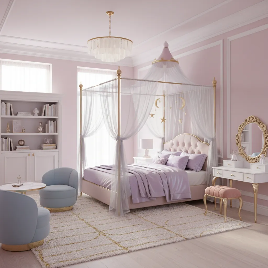 children princess bedroom with blush pink lavender and gold color palette