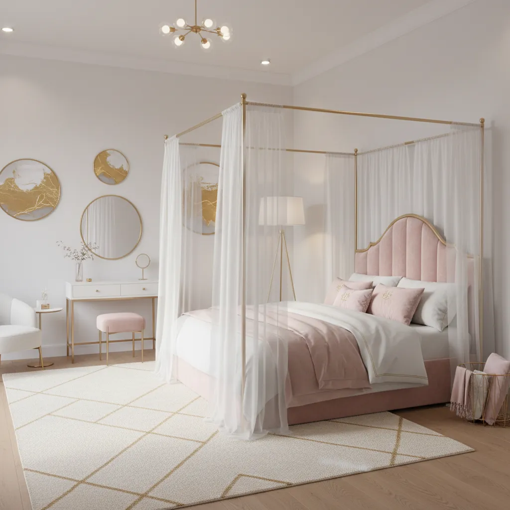 princess bedroom with cohesive blush pink white and gold color palette