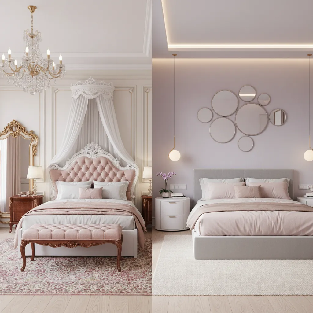 comparison of ornate princess furniture and modern minimalist bedroom furniture