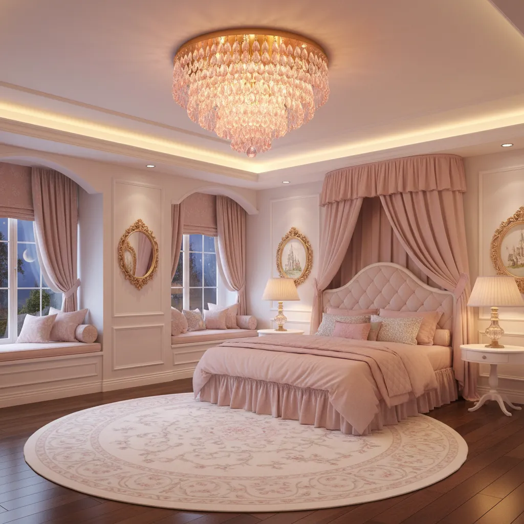 Princess bedroom showing chandelier, bedside lamps, and ambient lighting