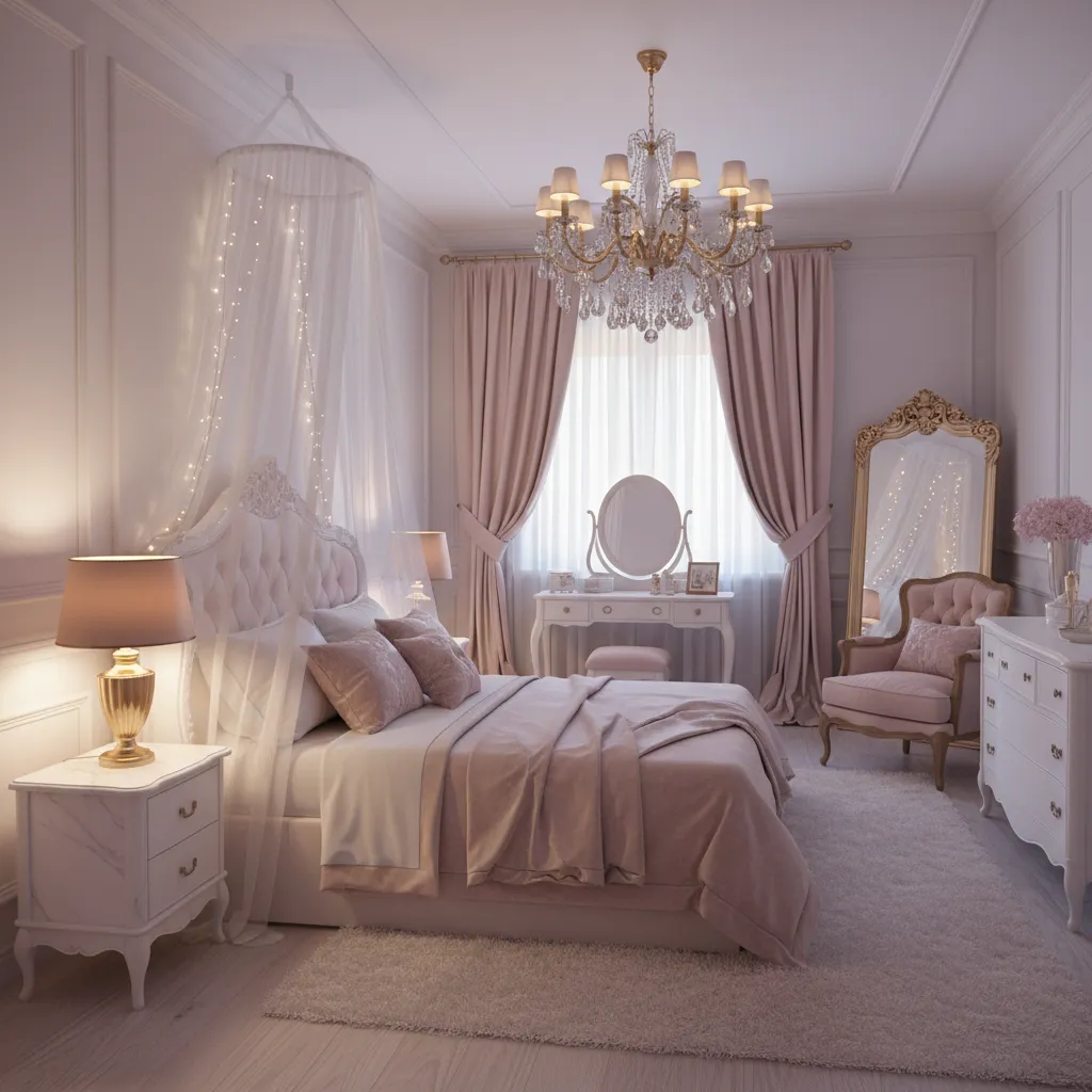 princess bedroom showing layered lighting with ceiling lamp bedside lamp and fairy lights