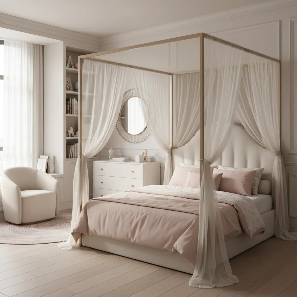 modern princess themed children's bedroom with canopy bed and reading corner