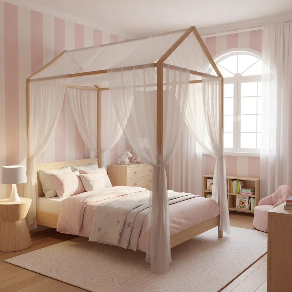 princess themed children's bedroom with safe canopy fabrics and soft decor