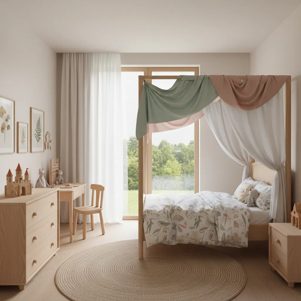 eco friendly children's princess bedroom with natural wood furniture and organic fabrics