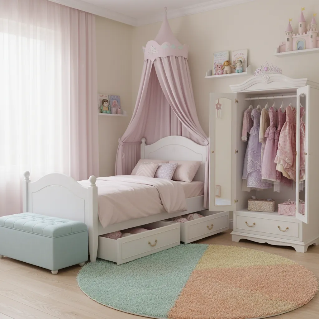 princess themed kids bedroom with storage bench and canopy bed furniture