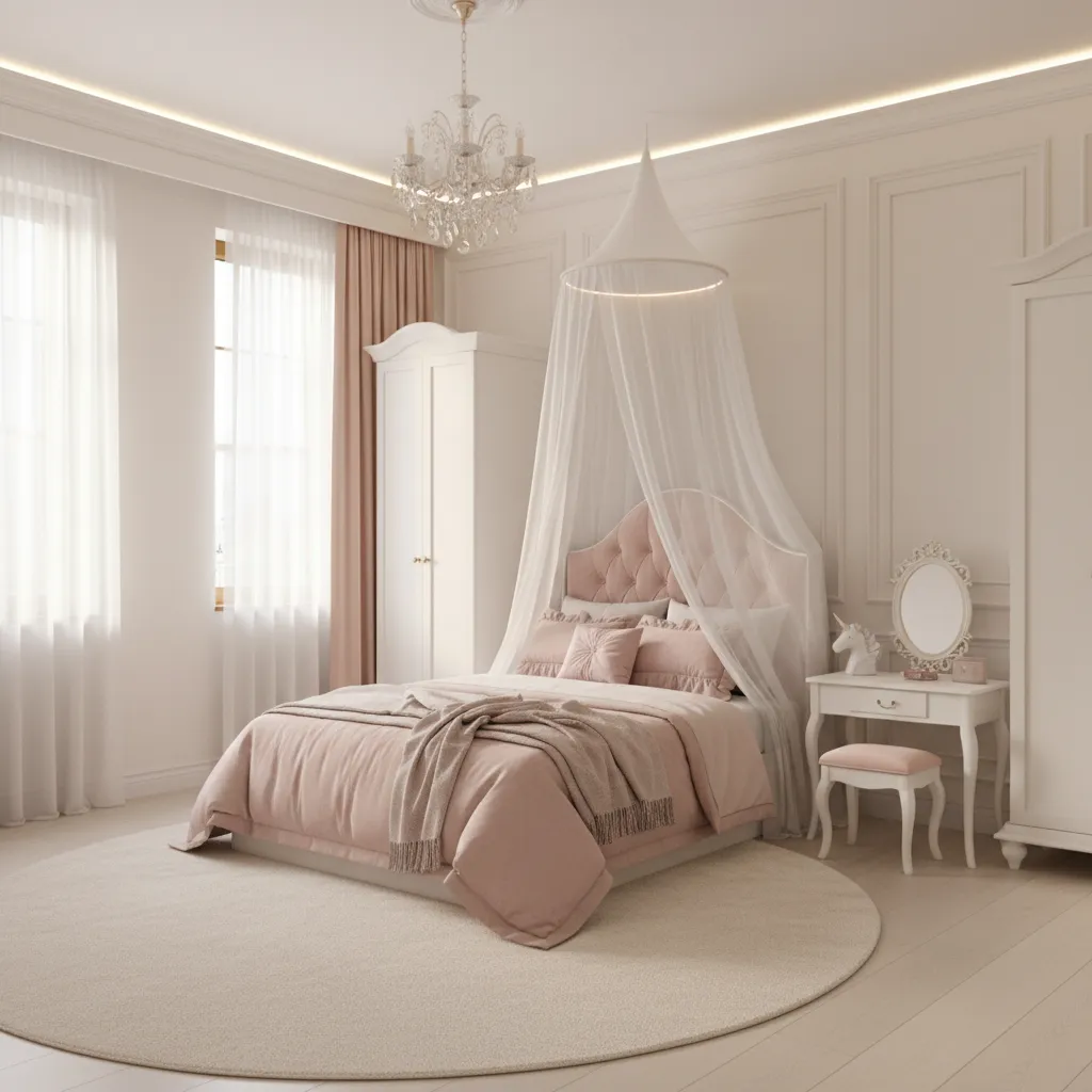 princess canopy bed installed correctly with light sheer fabric and balanced height