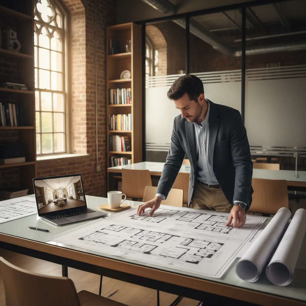 Man in suit looking at floor plan drawings on desk with laptop and coffee in office